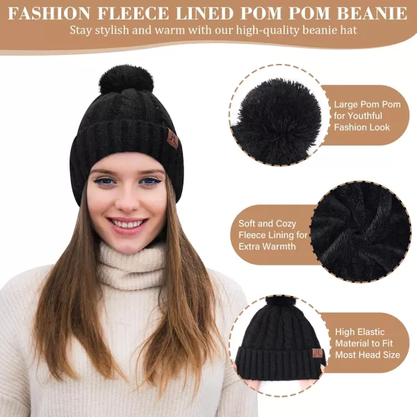 Womens Winter Warm Beanie Hat Touchscreen Gloves Long Scarf Set Ribbed Cable Knit with Fleece Lined Skull Pom CapsBlack