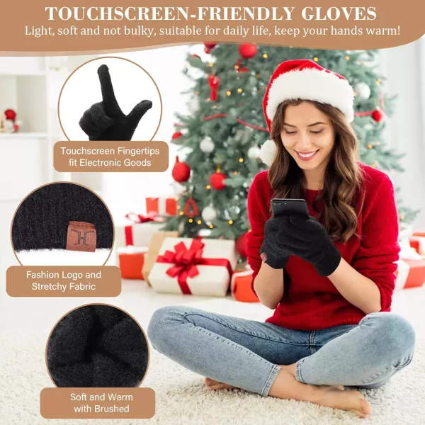 Womens Winter Warm Beanie Hat Touchscreen Gloves Long Scarf Set Ribbed Cable Knit with Fleece Lined Skull Pom CapsBlack