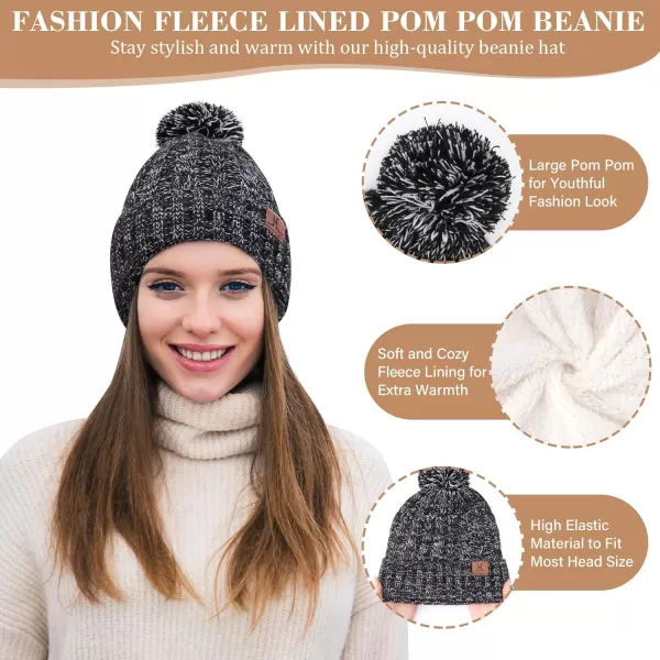 Womens Winter Warm Beanie Hat Touchscreen Gloves Long Scarf Set Ribbed Cable Knit with Fleece Lined Skull Pom CapsBlack White