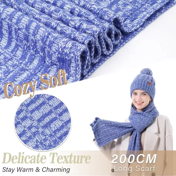 Womens Winter Warm Beanie Hat Touchscreen Gloves Long Scarf Set Ribbed Cable Knit with Fleece Lined Skull Pom CapsBlue White