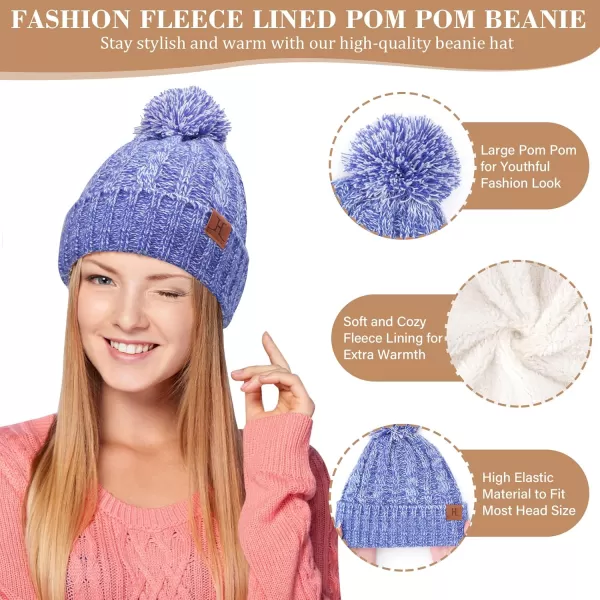 Womens Winter Warm Beanie Hat Touchscreen Gloves Long Scarf Set Ribbed Cable Knit with Fleece Lined Skull Pom CapsBlue White