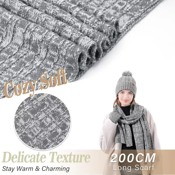 Womens Winter Warm Beanie Hat Touchscreen Gloves Long Scarf Set Ribbed Cable Knit with Fleece Lined Skull Pom CapsGrey White