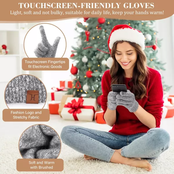Womens Winter Warm Beanie Hat Touchscreen Gloves Long Scarf Set Ribbed Cable Knit with Fleece Lined Skull Pom CapsGrey White