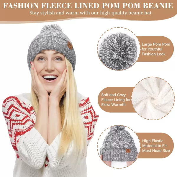 Womens Winter Warm Beanie Hat Touchscreen Gloves Long Scarf Set Ribbed Cable Knit with Fleece Lined Skull Pom CapsGrey White