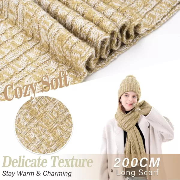 Womens Winter Warm Beanie Hat Touchscreen Gloves Long Scarf Set Ribbed Cable Knit with Fleece Lined Skull Pom CapsKhaki White