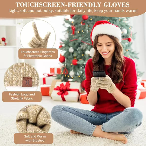 Womens Winter Warm Beanie Hat Touchscreen Gloves Long Scarf Set Ribbed Cable Knit with Fleece Lined Skull Pom CapsKhaki White