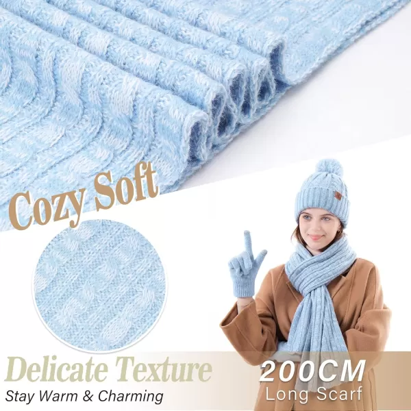 Womens Winter Warm Beanie Hat Touchscreen Gloves Long Scarf Set Ribbed Cable Knit with Fleece Lined Skull Pom CapsLight Blue White