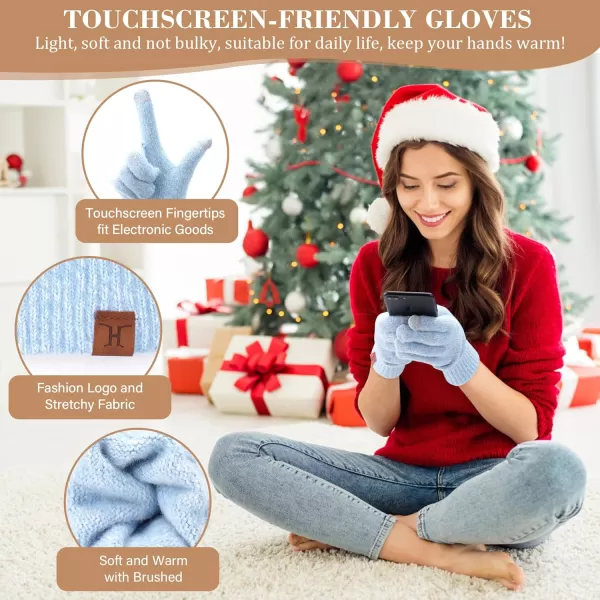 Womens Winter Warm Beanie Hat Touchscreen Gloves Long Scarf Set Ribbed Cable Knit with Fleece Lined Skull Pom CapsLight Blue White