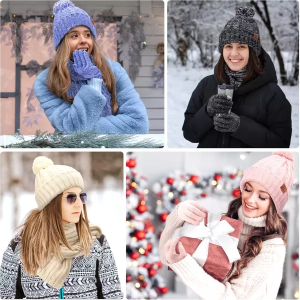 Womens Winter Warm Beanie Hat Touchscreen Gloves Long Scarf Set Ribbed Cable Knit with Fleece Lined Skull Pom CapsLight Blue White