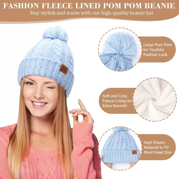 Womens Winter Warm Beanie Hat Touchscreen Gloves Long Scarf Set Ribbed Cable Knit with Fleece Lined Skull Pom CapsLight Blue White