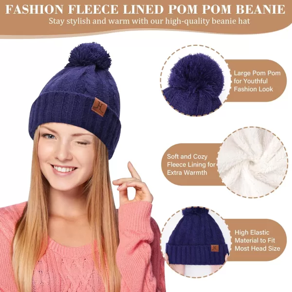 Womens Winter Warm Beanie Hat Touchscreen Gloves Long Scarf Set Ribbed Cable Knit with Fleece Lined Skull Pom CapsNavy Blue