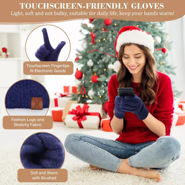 Womens Winter Warm Beanie Hat Touchscreen Gloves Long Scarf Set Ribbed Cable Knit with Fleece Lined Skull Pom CapsNavy Blue