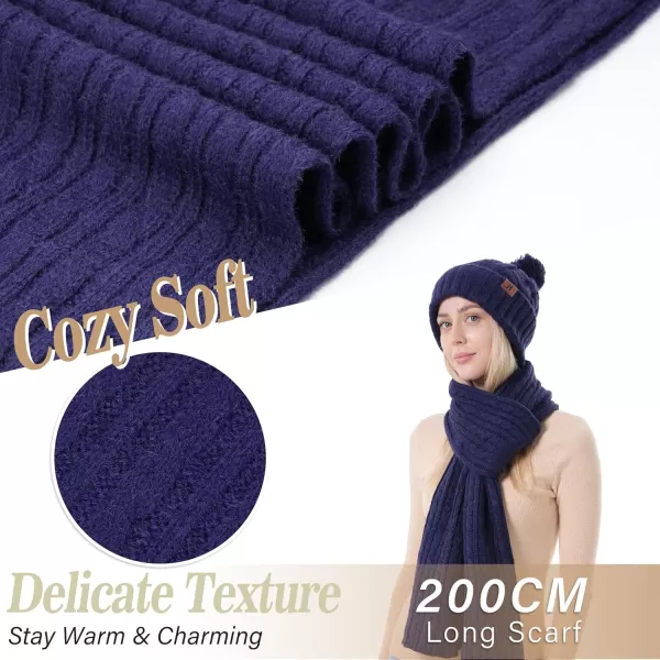 Womens Winter Warm Beanie Hat Touchscreen Gloves Long Scarf Set Ribbed Cable Knit with Fleece Lined Skull Pom CapsNavy Blue