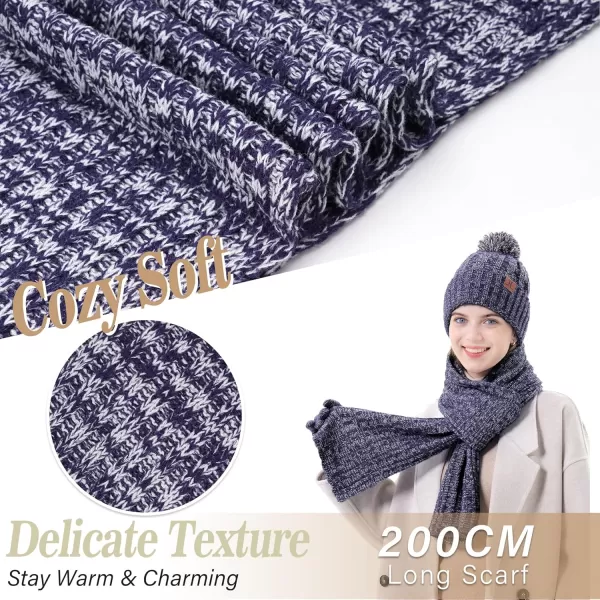 Womens Winter Warm Beanie Hat Touchscreen Gloves Long Scarf Set Ribbed Cable Knit with Fleece Lined Skull Pom CapsNavy Brown