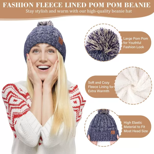 Womens Winter Warm Beanie Hat Touchscreen Gloves Long Scarf Set Ribbed Cable Knit with Fleece Lined Skull Pom CapsNavy Brown