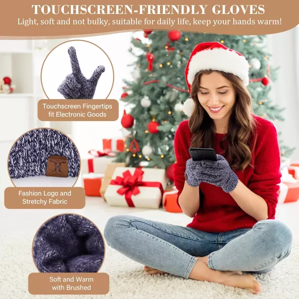 Womens Winter Warm Beanie Hat Touchscreen Gloves Long Scarf Set Ribbed Cable Knit with Fleece Lined Skull Pom CapsNavy Brown