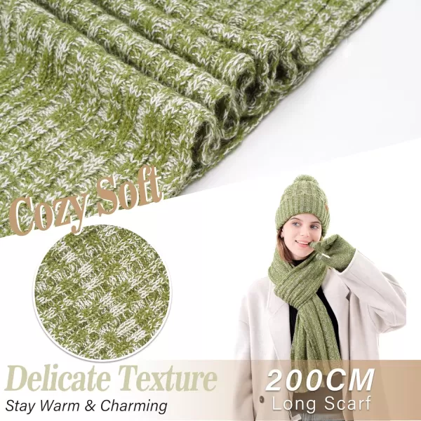 Womens Winter Warm Beanie Hat Touchscreen Gloves Long Scarf Set Ribbed Cable Knit with Fleece Lined Skull Pom CapsOlive Green