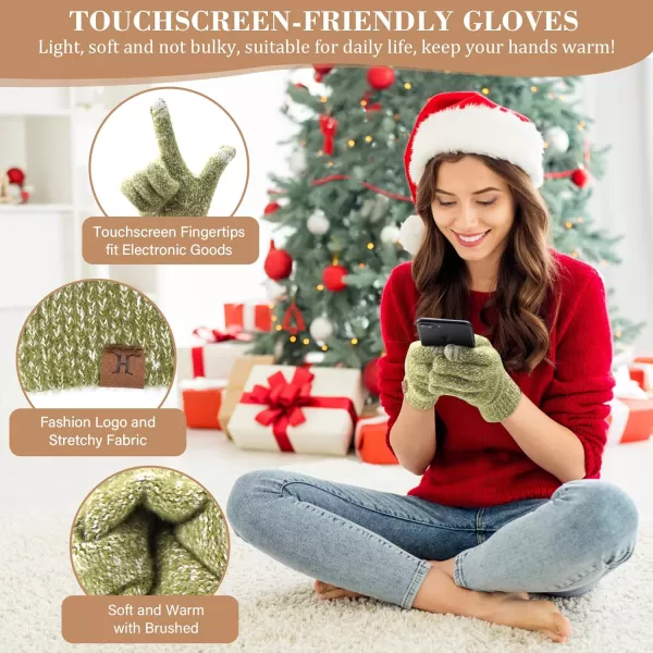 Womens Winter Warm Beanie Hat Touchscreen Gloves Long Scarf Set Ribbed Cable Knit with Fleece Lined Skull Pom CapsOlive Green