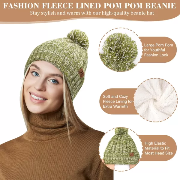 Womens Winter Warm Beanie Hat Touchscreen Gloves Long Scarf Set Ribbed Cable Knit with Fleece Lined Skull Pom CapsOlive Green