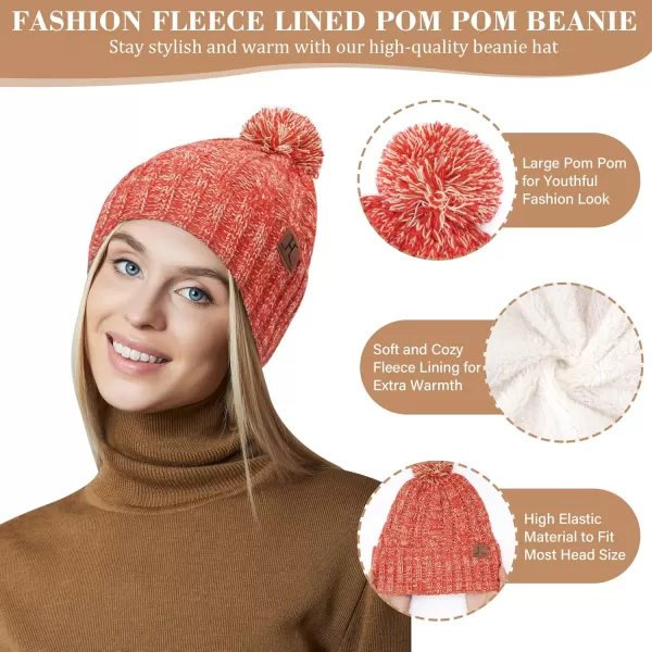 Womens Winter Warm Beanie Hat Touchscreen Gloves Long Scarf Set Ribbed Cable Knit with Fleece Lined Skull Pom CapsOrange