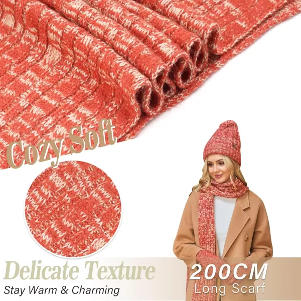 Womens Winter Warm Beanie Hat Touchscreen Gloves Long Scarf Set Ribbed Cable Knit with Fleece Lined Skull Pom CapsOrange