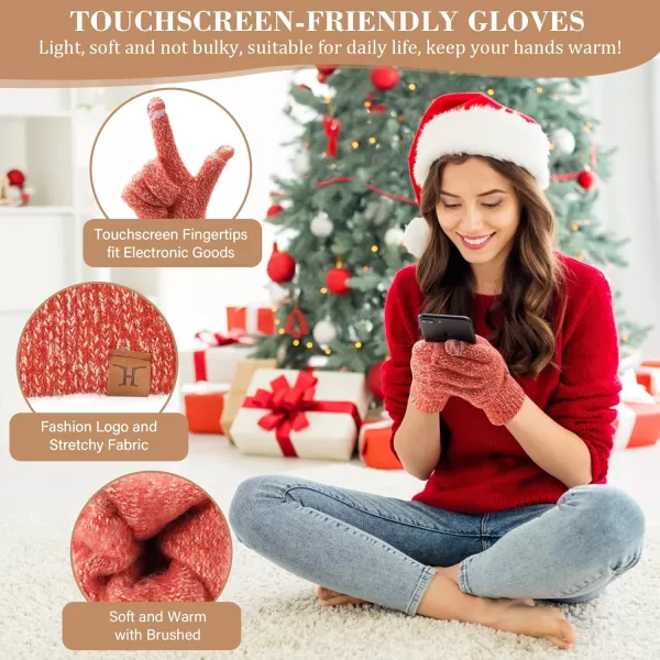 Womens Winter Warm Beanie Hat Touchscreen Gloves Long Scarf Set Ribbed Cable Knit with Fleece Lined Skull Pom CapsOrange