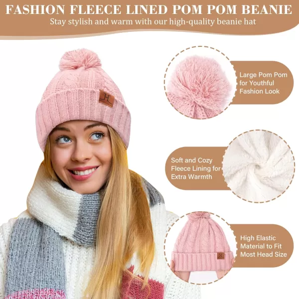 Womens Winter Warm Beanie Hat Touchscreen Gloves Long Scarf Set Ribbed Cable Knit with Fleece Lined Skull Pom CapsPink