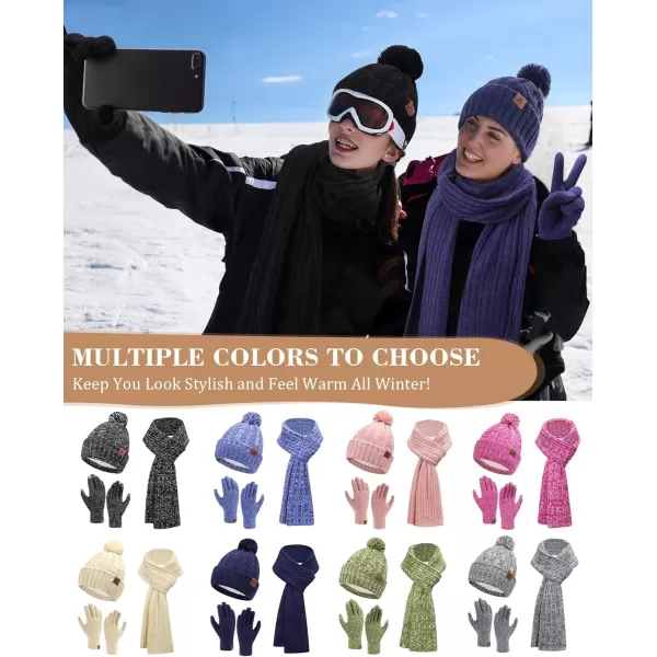 Womens Winter Warm Beanie Hat Touchscreen Gloves Long Scarf Set Ribbed Cable Knit with Fleece Lined Skull Pom CapsPink