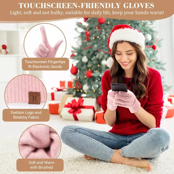Womens Winter Warm Beanie Hat Touchscreen Gloves Long Scarf Set Ribbed Cable Knit with Fleece Lined Skull Pom CapsPink