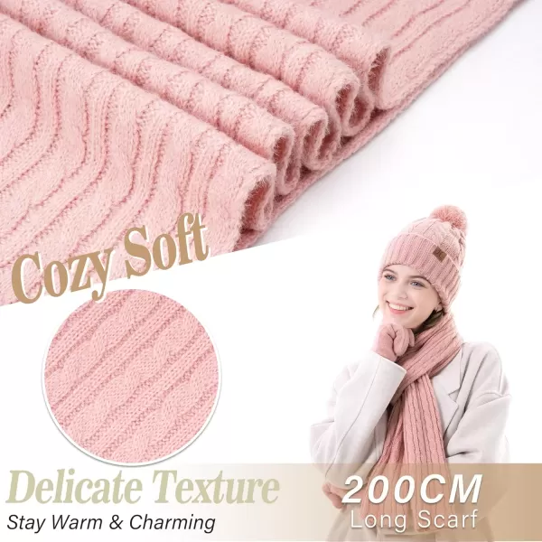 Womens Winter Warm Beanie Hat Touchscreen Gloves Long Scarf Set Ribbed Cable Knit with Fleece Lined Skull Pom CapsPink
