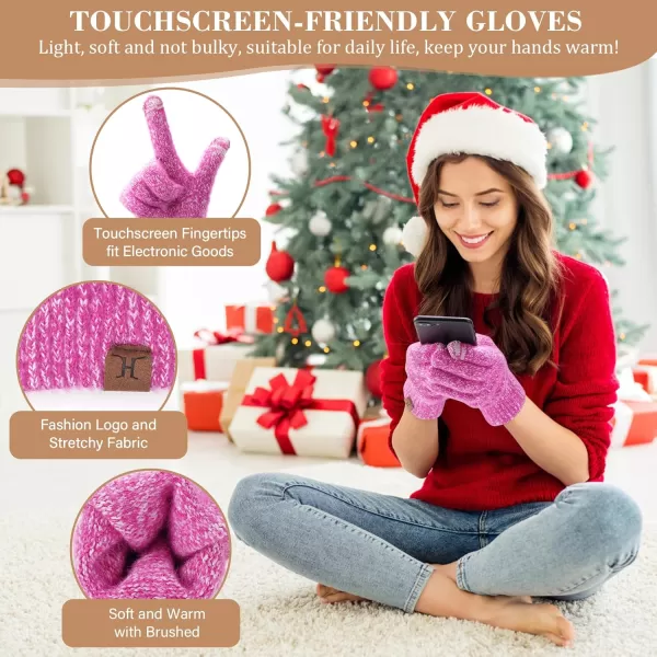 Womens Winter Warm Beanie Hat Touchscreen Gloves Long Scarf Set Ribbed Cable Knit with Fleece Lined Skull Pom CapsRose Red