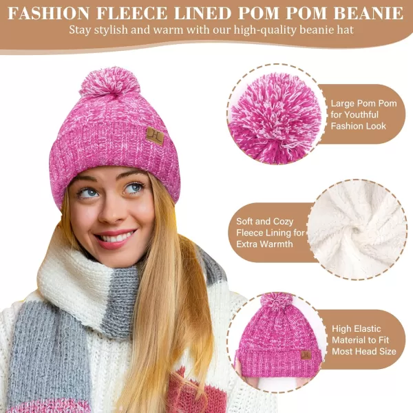 Womens Winter Warm Beanie Hat Touchscreen Gloves Long Scarf Set Ribbed Cable Knit with Fleece Lined Skull Pom CapsRose Red