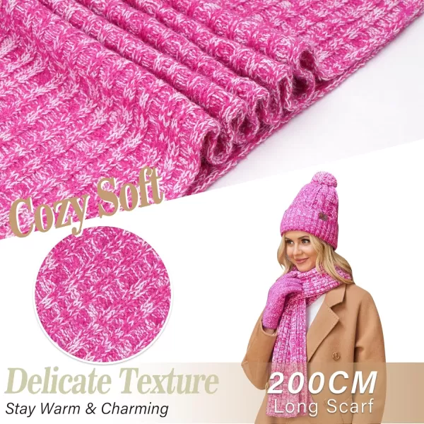 Womens Winter Warm Beanie Hat Touchscreen Gloves Long Scarf Set Ribbed Cable Knit with Fleece Lined Skull Pom CapsRose Red