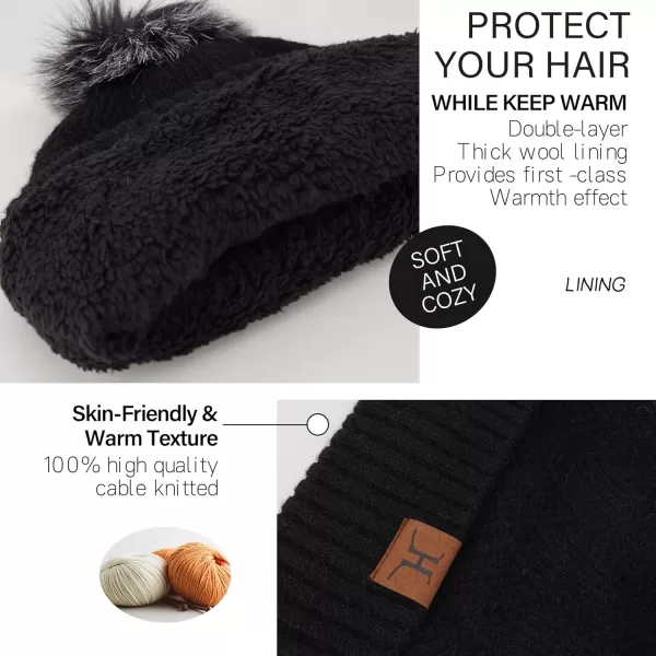 Womens Winter Warm Knit Beanie Hat Long Scarf Touchscreen Gloves Set with Fleece Lined Pom Skull Cap Gifts for WomenEblack