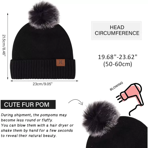 Womens Winter Warm Knit Beanie Hat Long Scarf Touchscreen Gloves Set with Fleece Lined Pom Skull Cap Gifts for WomenEblack