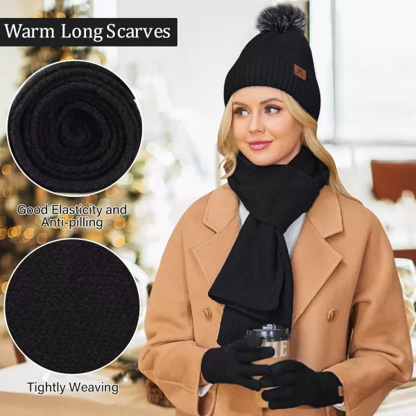 Womens Winter Warm Knit Beanie Hat Long Scarf Touchscreen Gloves Set with Fleece Lined Pom Skull Cap Gifts for WomenEblack