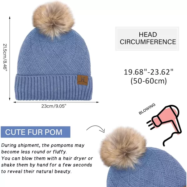 Womens Winter Warm Knit Beanie Hat Long Scarf Touchscreen Gloves Set with Fleece Lined Pom Skull Cap Gifts for WomenEdenim Blue