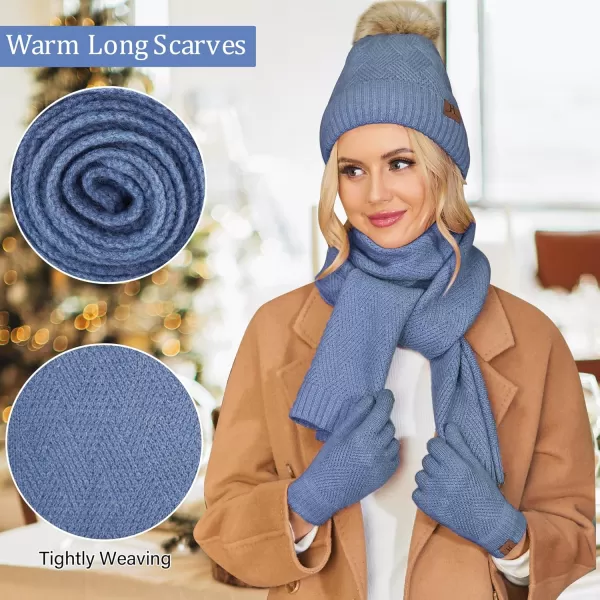 Womens Winter Warm Knit Beanie Hat Long Scarf Touchscreen Gloves Set with Fleece Lined Pom Skull Cap Gifts for WomenEdenim Blue