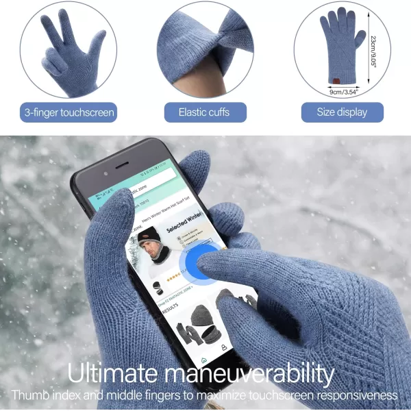 Womens Winter Warm Knit Beanie Hat Long Scarf Touchscreen Gloves Set with Fleece Lined Pom Skull Cap Gifts for WomenEdenim Blue