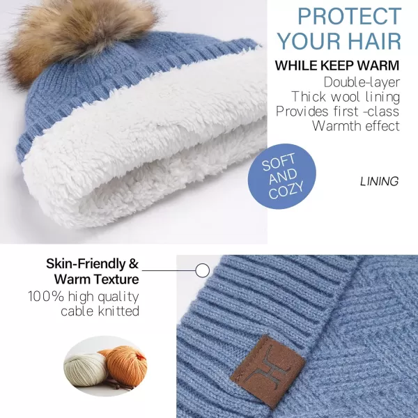 Womens Winter Warm Knit Beanie Hat Long Scarf Touchscreen Gloves Set with Fleece Lined Pom Skull Cap Gifts for WomenEdenim Blue