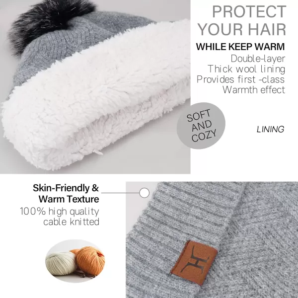 Womens Winter Warm Knit Beanie Hat Long Scarf Touchscreen Gloves Set with Fleece Lined Pom Skull Cap Gifts for WomenEgrey