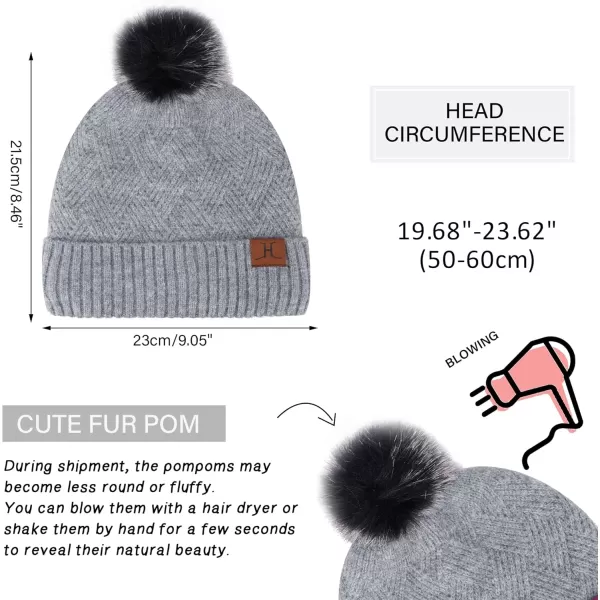 Womens Winter Warm Knit Beanie Hat Long Scarf Touchscreen Gloves Set with Fleece Lined Pom Skull Cap Gifts for WomenEgrey