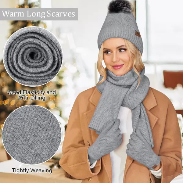 Womens Winter Warm Knit Beanie Hat Long Scarf Touchscreen Gloves Set with Fleece Lined Pom Skull Cap Gifts for WomenEgrey