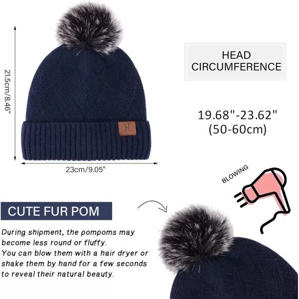 Womens Winter Warm Knit Beanie Hat Long Scarf Touchscreen Gloves Set with Fleece Lined Pom Skull Cap Gifts for WomenEnavy Blue
