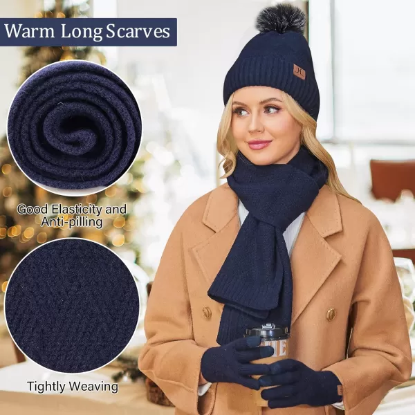 Womens Winter Warm Knit Beanie Hat Long Scarf Touchscreen Gloves Set with Fleece Lined Pom Skull Cap Gifts for WomenEnavy Blue