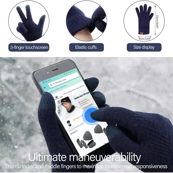 Womens Winter Warm Knit Beanie Hat Long Scarf Touchscreen Gloves Set with Fleece Lined Pom Skull Cap Gifts for WomenEnavy Blue