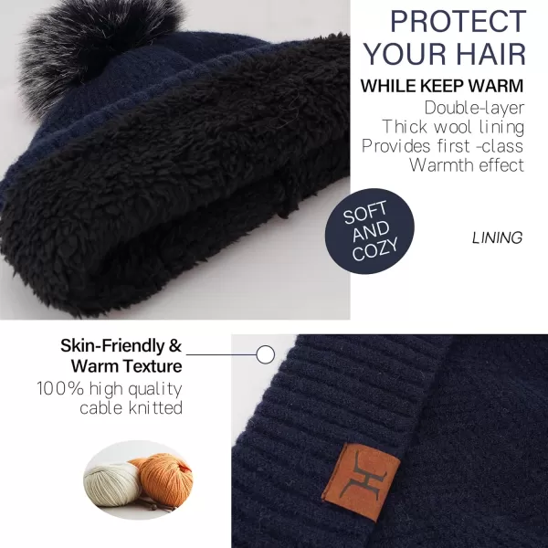 Womens Winter Warm Knit Beanie Hat Long Scarf Touchscreen Gloves Set with Fleece Lined Pom Skull Cap Gifts for WomenEnavy Blue