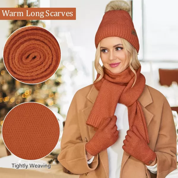 Womens Winter Warm Knit Beanie Hat Long Scarf Touchscreen Gloves Set with Fleece Lined Pom Skull Cap Gifts for WomenEorange