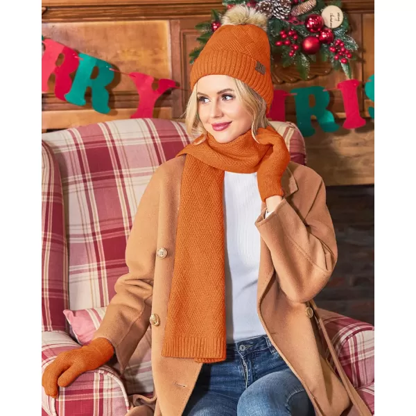 Womens Winter Warm Knit Beanie Hat Long Scarf Touchscreen Gloves Set with Fleece Lined Pom Skull Cap Gifts for WomenEorange