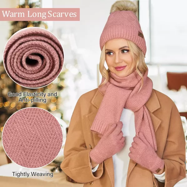Womens Winter Warm Knit Beanie Hat Long Scarf Touchscreen Gloves Set with Fleece Lined Pom Skull Cap Gifts for WomenEpink